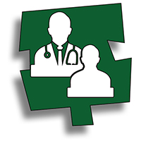 The second puzzle piece depicting the solution is a line drawing of two doctors, one with a stethoscope around his neck.