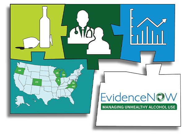 The last graphic on the page is the full puzzle of all the pieces put together showing at the top left to right: bottle of wine with spilled glass, the two doctors, one with a stethoscope around his next, next to the up and down bar chart with arrow above it. Below on the left is the map of the 7 grantees in states marked green: Oregon, Colorado, Wisconsin, Michigan, Illinois, Virginia, and North Caroline and on the right the logo for the program: EvidenceNOW: Managing Unhealthy Alcohol Use, An AHRQ initiative in green and blue.