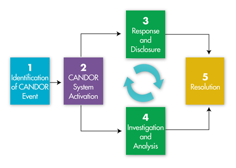 This flowchart depicts the five components of the CANDOR process. Box 1, on the left, reads “Identification of a CANDOR Event.” An arrow points to the right to Box 2, which reads “CANDOR System Activation.” An arrow points up and to the right to Box 3: Response and Disclosure; another arrow from Box 2 points down and to the right to Box 4: Investigation and Analysis. Between Box 3 and Box 4, two arrows in a circular shape indicate recurrence of these processes, which happen concurrently, until they are completed. An arrow to the right and down from Box 3, and an arrow up and to the right from Box 4 both point to Box 5: Resolution. 
