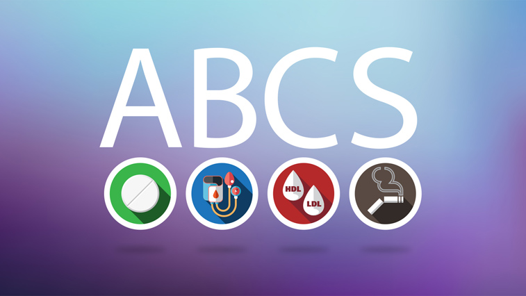 The ABCS of heart health include Aspirin-use, Blood pressure control, Cholesterol management, and Smoking cessation.