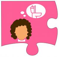 The first puzzle piece to depict the problem of urinary incontinence is an icon image of a woman thinking about a toilet.