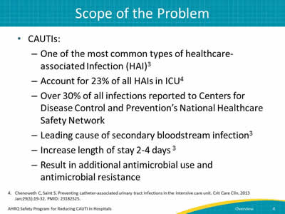 CAUTIS are one of the most common types of HAI, accounts for 23% of all HAIs in ICU, and over 30% of all infections reported to CDC's National Healthcare Safety Network, is the leading cause of secondary bloodstream infection, increases length of stay 2-4 days, and results in additional antimicrobial use and resistance.
