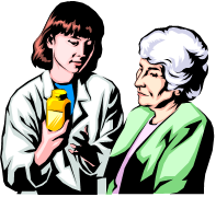 A line drawing of a pharmacist explaining dosage of medication.