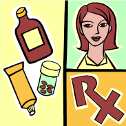 Drawings representing a pharmacy and pill bottles.