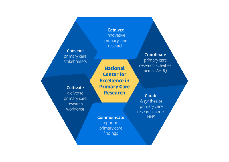 NCEPCR Purpose Figure: A hexagon captioned 'National Center for Excellence in Primary Care Research' lies at the center of six smaller hexagons; these are captioned 'Catalyze innovative primary care research,' 'Coordinate primary care research activities across AHRQ,' 'Curate &amp; synthesize primary care research across HHS,' 'Communicate important primary care findings,' 'Cultivate a diverse primary care research workforce,' and 'Convene primary care stakeholders.'