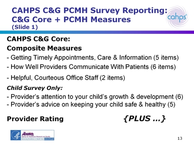 CAHPS CandG PCMH Survey Reporting: CandG Core + PCMH Measures (Slide 1)
