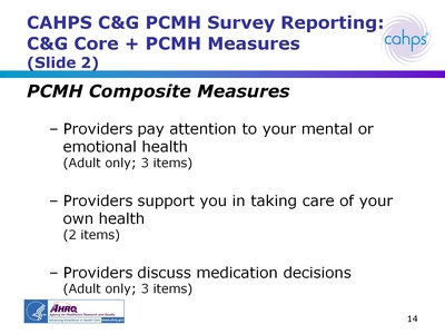 CAHPS CandG PCMH Survey Reporting: CandG Core + PCMH Measures (Slide 2)
