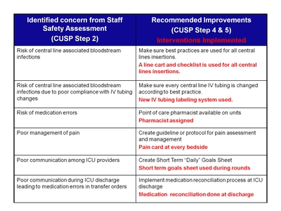 Identified Concerns and Recommended Improvements from Staff Safety Assessments