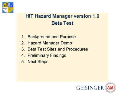 Health IT Hazard Manager version 1.0 Beta Test
