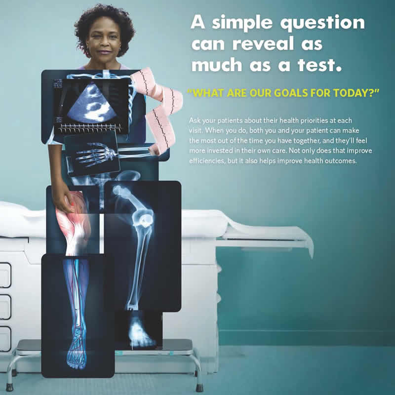 A woman is sitting on an examination table in a medical office. Her face is showing, but her body is composed of different medical test results, including x-rays, a heart rate printout, and an ultrasound image. The message the image conveys is that while doctors can learn a lot about a patient's health from test results, they can also learn a lot by asking the patient questions.