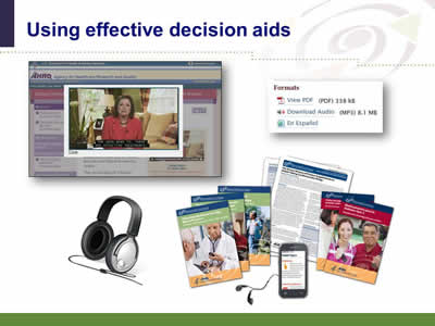 Slide 10: Using effective decision aids. Images showing the variety of decision support resources for consumers available on the AHRQ Effective Health Care Program Web site. These include, English and Spanish translated publications, interactive patient decision aids, audio files that can be listened to with headphones, and mobile accessible materials.