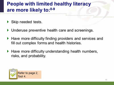 Slide 35: People with limited healthy literacy are more likely to: Skip needed tests.Underuse preventive health care and screenings. Have more difficulty finding providers and services and fill out complex forms and health histories. Have more difficulty understanding health numbers, risks, and probability.