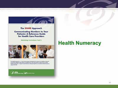 Slide 40: Health Numeracy. (Image of SHARE Approach Tool 5, Communicating Numbers to Your Patients: A Reference Guide for Heath Care Providers.)