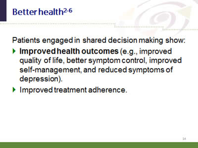 Slide 14: Better health. Patients engaged in shared decision making show: Improved health outcomes (e.g., improved quality of life, better symptom control, improved self-management, and reduced symptoms of depression). Improved treatment adherence.