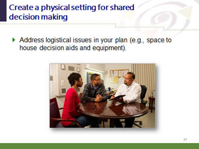 Slide 37: Create a physical setting for shared decision making. Address logistical issues in your plan (e.g., space to house decision aids and equipment).