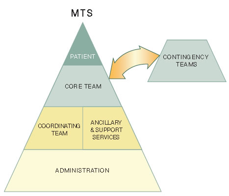 The team structure of the Multi-Team System For Patient Care. At the base of the system is administration. The next level is coordinating team and ancillary and support services. At the next level is the core team, which has an outside link to contingency teams. The patient is at the zenith of the system.