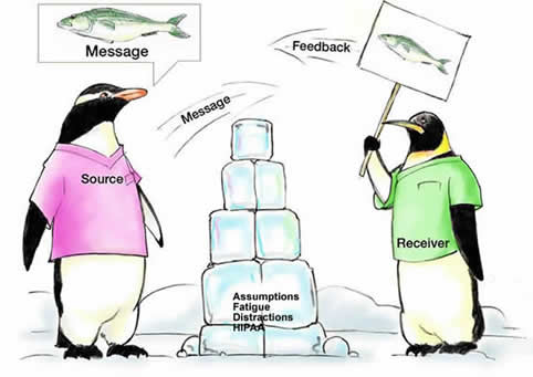 Two penguins are trying to communicate across a wall labeled assumptions, fatigue, distractions, and HIPPA. The source penguin is thinking about a message. The receiver penguin is holding a sign with the same message. The source sends a message to the receiver and the receiver sends feedback to the source.