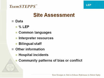 Text: Data; % LEP; Common languages; Interpreter resources; Bilingual staff; Other information; Hospital incidents; Community patterns of bias or conflict.