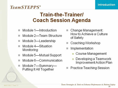 The agenda listed in Slide 11 is repeated, plus the following new items: Change Management: How to Achieve a Culture of Safety. Coaching Workshop. Implementation: Course Management. Developing a Teamwork Improvement Action Plan. Practice Teaching Session.