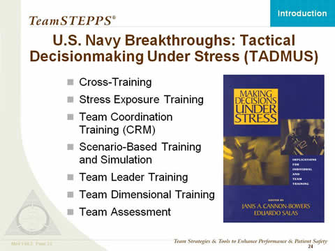 Cross-Training. Stress Exposure Training. Team Coordination Training (CRM). Scenario-Based Training and Simulation. Team Leader Training. Team Dimensional Training. Team Assessment.