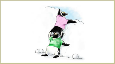 Image: One penguin stands on the shoulders of another to look over an obstacle.
