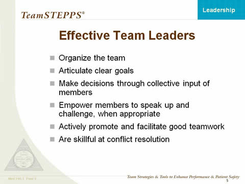Effective Team Leaders: Organize the team. Articulate clear goals. Make decisions through collective input of members. Empower members to speak up and challenge, when appropriate. Actively promote and facilitate good teamwork. Skillful at conflict resolution.