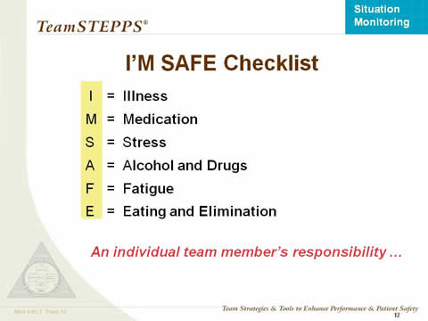 I'M SAFE Checklist: I = Illness; M = Medication; S = Stress; A = Alcohol and Drugs; F = Fatigue; E = Eating and Elimination; and An individual team member's responsibility.