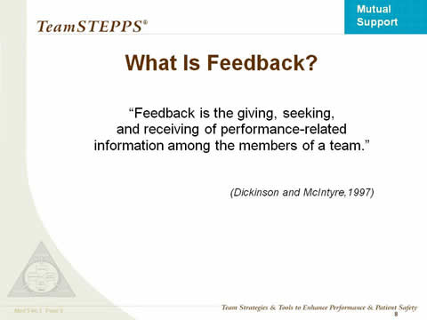 What is Feedback? 'Feedback is the giving, seeking, and receiving of performance-related information among the members of a team.' (Dickinson and McIntyre 1997).