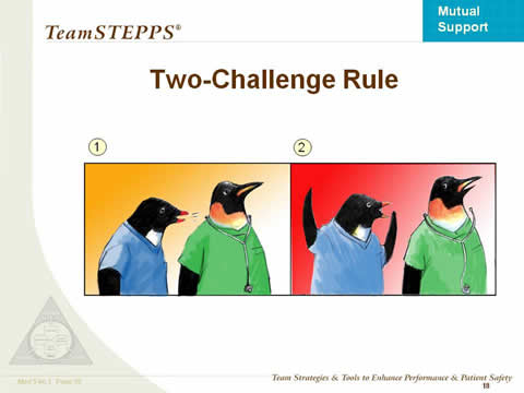 Images: A penguin in a blue shirt is talking to a penguin in a medical assistant's green shirt and stethoscope. In Image 1, the blue-shirted penguin is speaking softly; in Image 2, he is shouting with his wings upraised.