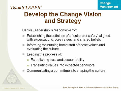 Senior Leadership is responsible for: Establishing the definition of a 'culture of safety' aligned with expectations, core values, and shared beliefs. Informing the organization of these values and evaluating the culture. Leading the process of: Establishing trust and accountability; Translating values into expected behaviors. Communicating a commitment to shaping the culture.