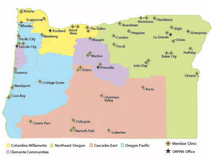 This map of Oregon shows ORPRN’s member clinics: In Astoria County, one clinic each is in Astoria, Scappose, Maupin, and Newberg; and two clinics each are in Hood River and The Dalles. In Oregon Pacific County there is one clinic each in Wheeler, Pacific City, Florence, Reedsport, Coos Bay and Cottage Grove; and two each in Lincoln City. In Clement Communities, there is one in Prinesville and two in Madras. In Cascades East, one clinic each is in Grants Path, Christmas Valley, Chiloquin, Lakeview and Burns, and two clinics each are in Sisters and Klamath Falls.  In North East Oregon County there is one clinic each in Boardman, Heppner, Condon, Fossil, La Grande, Pendleton, Elgin, Enterprise, and Halfway; and  two clinics each in John Day, Hemiston, and Baker City. OPBRN offices are indicated in Portland Prineville, Lincoln City, and La Grande.