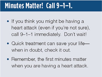 Text box that says: 'Minutes Matter. Call 9-1-1. Lists 3 bullets: 1. If you think you might be having a heart attack (even if you're not sure), call 9-1-1 immediately. Don't wait. 2. Quick treatment can save your life--when in doubt, check it out. 3. Remember, the first minutes matter when you are having a heart attack.'