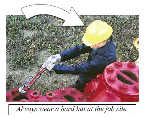 Photo of landscape worker with caption, 'Always wear a hard hat at the job site.' For emphasis, a large arrow is pointing to the hard hat.