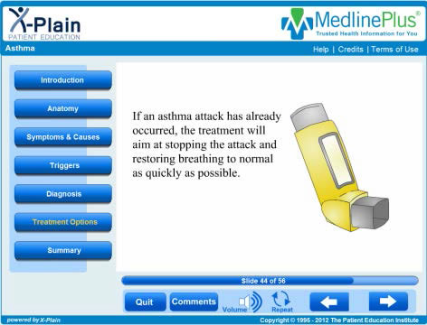Screenshot of a MedlinePlus Web page showing an asthma inhaler.