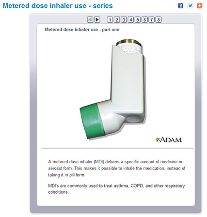Screenshot of Medline Plus Web page showing a metered dose inhaler with description of its use.