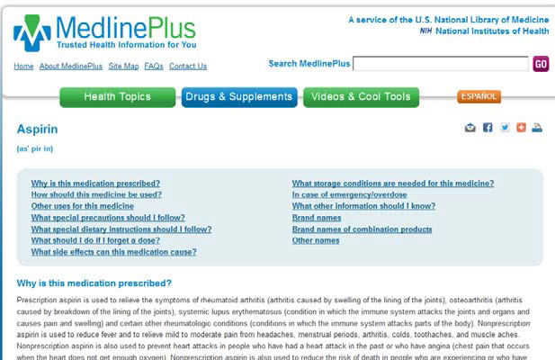 Screenshot of a MedlinePlus Web page on aspirin.