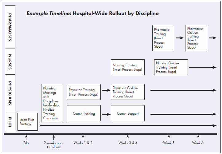 Example Timeline shows hospital-wide rollout by discipline. 