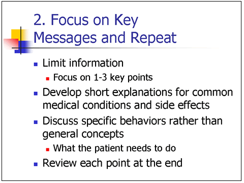 This slide describes strategies to facilitate better communication between clincians and patients. For details, go to the Text Description [D].