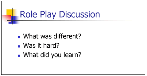 This slide lists three different questions to be discussed during the role play discussion. For details, go to the Text Description [D].