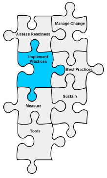 Drawing of jigsaw puzzle with the following pieces: Assess Readiness, Manage Change, Implement Practices, Best Practices, Measure, Sustain, Tools. Implement Practices is highlighted.