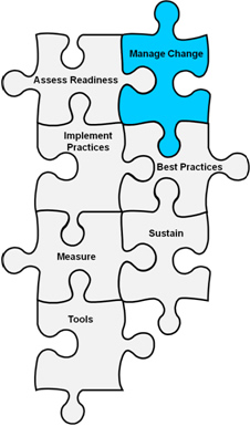Image shows seven interconnected puzzle pieces labeled Assess Readiness, Manage Change, Implement Practices, Best Practices, Measure, Sustain, and Tools. The piece labeled Manage Change is highlighted in blue.