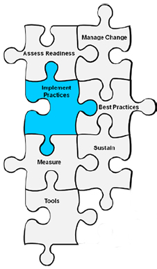 Image shows seven interconnected puzzle pieces labeled Assess Readiness, Manage Change, Implement Practices, Best Practices, Measure, Sustain, and Tools. The piece labeled Implement Practices is highlighted in blue.