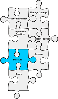 Image shows seven interconnected puzzle pieces labeled Assess Readiness, Manage Change, Implement Practices, Best Practices, Measure, Sustain, and Tools. The piece labeled Measure is highlighted in blue.