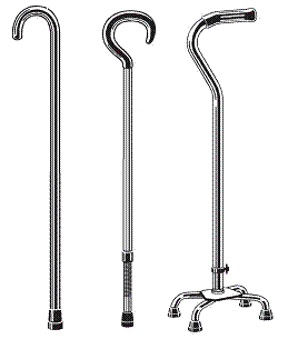 drawing of three walking canes: one wooden, one metal, one a quad cane with four feet