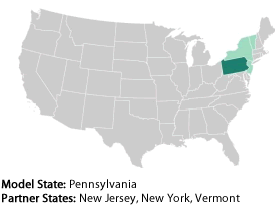 Map of the United States highlightig model state Pennsylvania, and partner states NewJersey, New York, and Vermont.