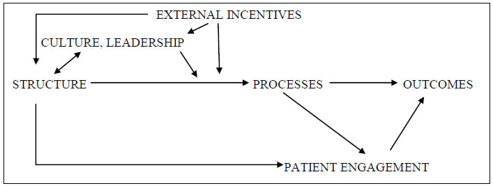 Figure 1 provides a simple model of a generic delivery system organization. External incentives influence the culture and leadership as well as the structure adopted by the organization and on the processes it uses to provide and improve care. Processes lead to outcomes and patient engagement.