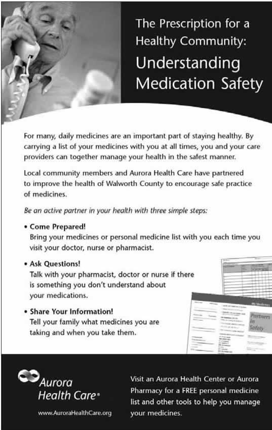 Photograph of an advertisement from Aurora Health Care. The ad features a photograph of an elderly man talking on the phone and holding a prescription bottle. The caption reads, 'The Prescription for a Healthy Community: Understanding Medication Safety' and text copy encourages patients to discuss their medications with their doctors, pharmacists, and family members.