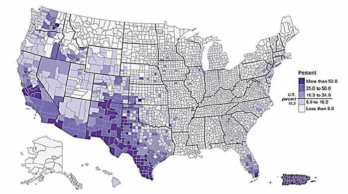 A map of the United States is color-coded by county to show percentage of Hispanic or Latino Population.
