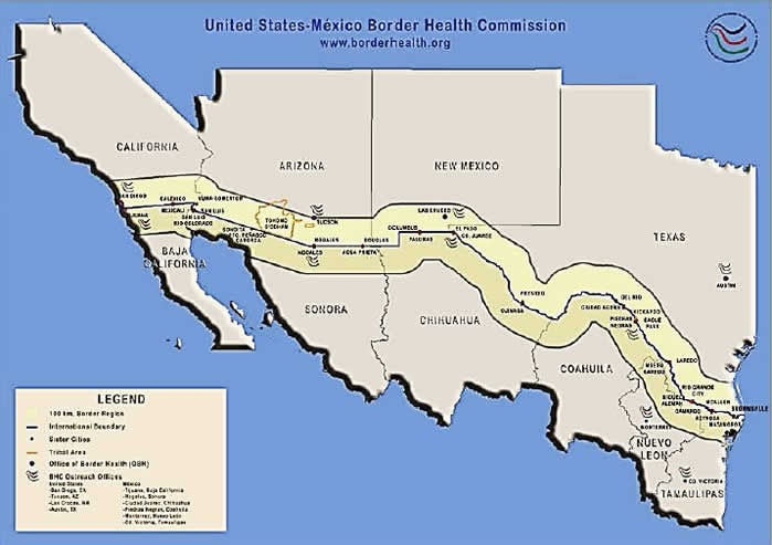 Map shows the United States and Mexican border states: California, Arizona, New Mexico, and Texas; Baja California, Sonora, Chihuahua, Coahuila, Neuvo Leon, and Tamaulipas. The 100 km border region is highlighted.