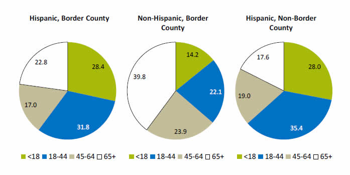 Pie charts show percentage of Inpatient Stays, by Age Group. Hispanic, Border County: Less than 18 - 28.4, 18-44 - 31.8, 45-64 - 17.0, 65 and over - 22.8. Non-Hispanic, Border County: Less than 18 - 14.2, 18-44 - 22.1, 45-64 - 23.9, 65 and over - 39.8. Hispanic, Non-Border County: Less than 18 - 28.0, 18-44 - 35.4, 45-64 - 19.0, 65 and over - 17.6.